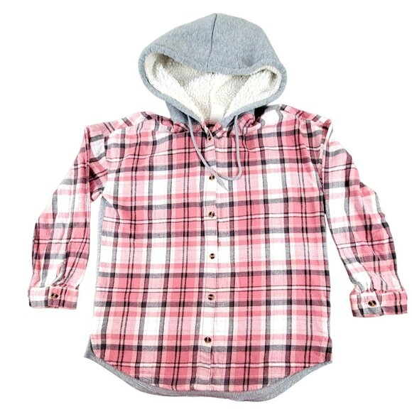 Flannel Shirt Jacket Shacket Juniors Girls Large 11-13 Red White Plaid  JH1313 - Picture 1 of 5